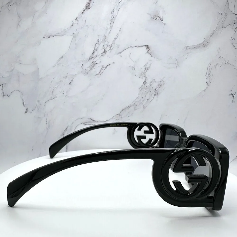 New Gucci Sunglasses Black Rectangle Square GG Logo Triple Black 54mm - Picture 4 of 16